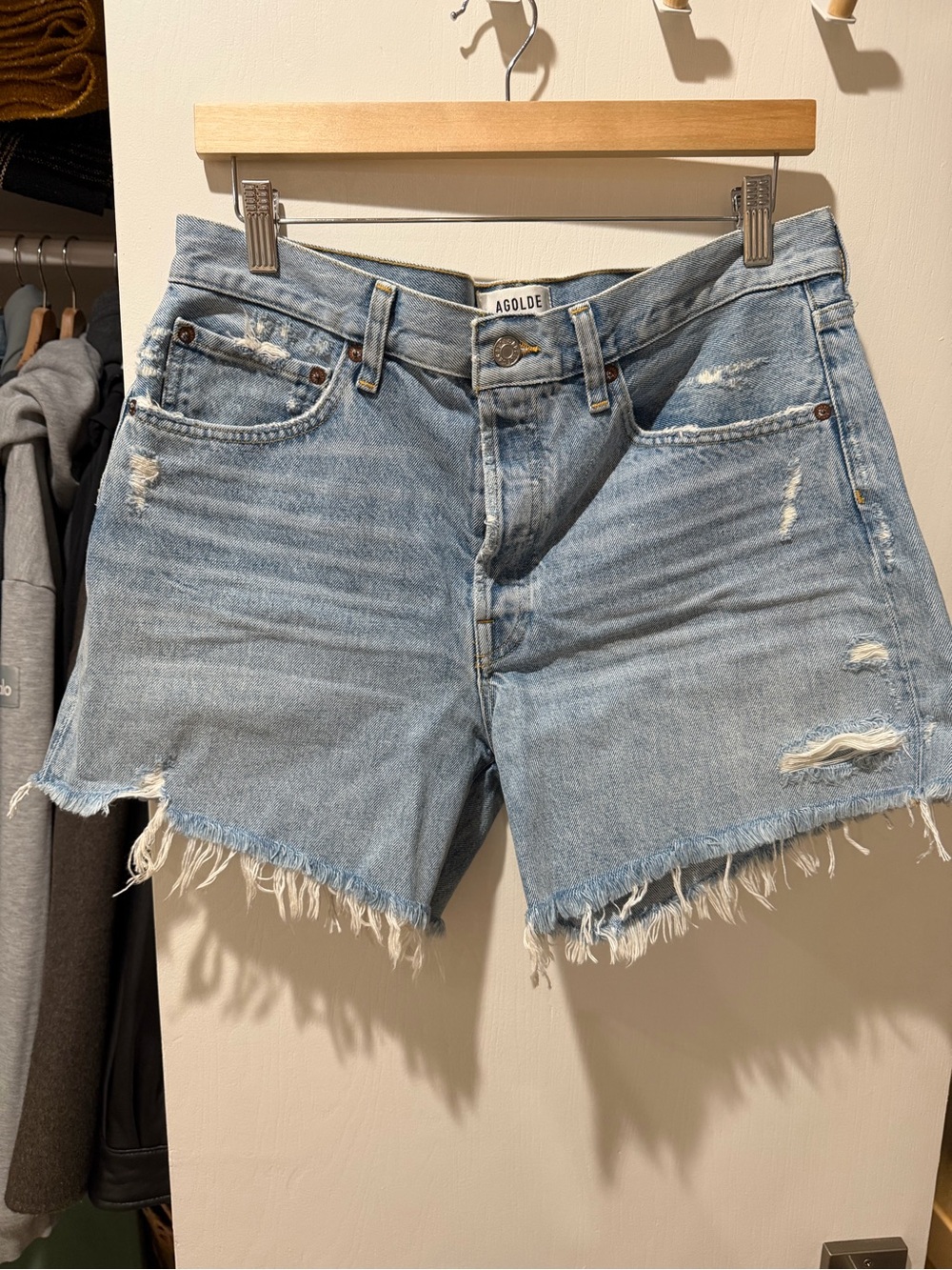 Agolde Light Wash Distressed Denim Cutoff Shorts
